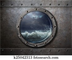 old ship metal porthole or window with sea storm old ship metal porthole or window with sea storm