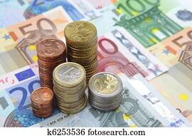 pilhas, de, euro, moedas, ligado, euro notas