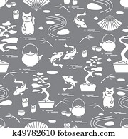 かわいい ベクトル パターン で Bonsai の 木 最小である ロックガーデン 日本語 幸運な猫 Maneki Neko 鯉 Koi そして 他 クリップアート 切り張り イラスト 絵画 集 K Fotosearch