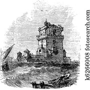belem, torre, em, lisboa, portugal, durante, a, 1890s, vindima, gravura