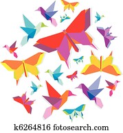 frühling, origami, vogel, und, schmetterling, kreis frühling, origami, vogel, und, schmetterling, kreis