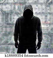 hacker, em, silueta, e, binário, códigos