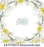 redondo, quadro, com, bonito, amarela, daffodils., caligrafia, frase, páscoa feliz