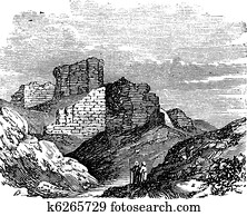ruinen, von, dass, haupt, palast, in, babylonia, altmodisch, engraving.