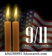 פטריוט, day., אנחנו, will, מעולם לא, forget., 9/11, אזכרה, day., וקטור, דגל, עם, דגלל, של, ארהב, ו, נרות