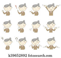 3º edad, dama, con, vario, posturas, y, emociones