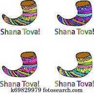 a, קבע, של, ארבעה, shofar., rosh, a, shana., hebrew., doodle., העבר, draw., וקטור, דוגמה, ב, הפרד, רקע