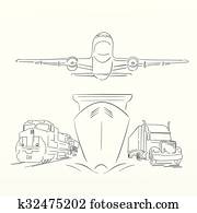 Logistics sign with plane, truck, container ship and train vector illustration Logistics sign with plane, truck, container ship and train vector illustration