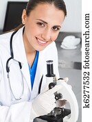 medical researcher using microscope