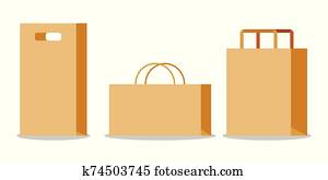 Set of empty kraft brown paper bag with handles.
