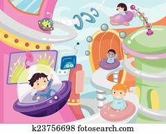 stickman, ילדים, עתיד, עיר