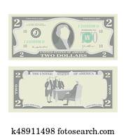 2, 美元, banknote, vector., 卡通, 我們, currency., 二, 邊, ......的, 二, american 錢, 帳單, 被隔离, illustration., 現金, 符號, 2, 美元