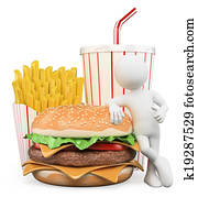 3D white people. Fast food. Hamburger fries drink 3D white people. Fast food. Hamburger fries drink