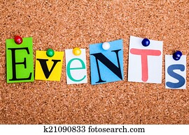 The word Events in cut out magazine letters pinned to a cork not