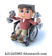 3d, jongen, in, wheelchair, werken, uit, met, gewichten
