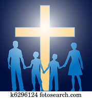 Christian family standing before luminous cross Christian family standing before luminous cross