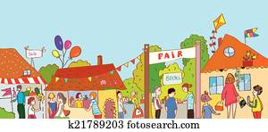 Fair holiday at the town illustration with many people and houses Fair holiday at the town illustration with many people and houses