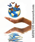 glóbus, do, hands, s, butterflies