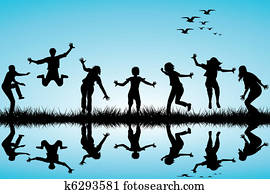 main, dessiné, enfants jouer, dans, les, nature