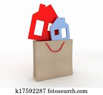3d model house symbol set in a paper shopping bag