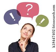 Business thinking woman with colorful chat bubbles above isolated Business thinking woman with colorful chat bubbles above isolated