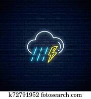 Glowing neon thunderstorm with rain weather icon. Storm and rain symbols with lightning in neon style Glowing neon thunderstorm with rain weather icon. Storm and rain symbols with lightning in neon style