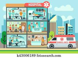 hospital,, medizinische klinik, building,, krankenwagen, mit, patienten, und, doktoren, healthcare, vektor, flache, abbildung hospital,, medizinische klinik, building,, krankenwagen, mit, patienten, und, doktoren, healthcare, vektor, flache, abbildung