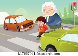 Kid helping senior lady crossing the street Kid helping senior lady crossing the street