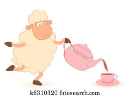 sheep pours tea from a tea-pot sheep pours tea from a tea-pot