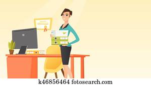 trabalhador escritório, segurando, pilha, de, folders.