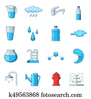 water, iconen, set, spotprent, stijl