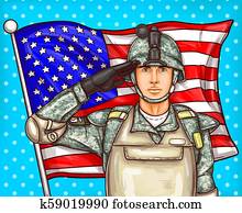 pop art illustration for a memorial day - a male soldier against an American flag pop art illustration for a memorial day - a male soldier against an American flag