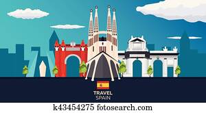 Travel to Spain skyline. Sagrada Familia. Vector flat illustration. Travel to Spain skyline. Sagrada Familia. Vector flat illustration.
