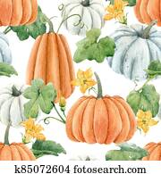 Beautiful autumn seamless pattern with watercolor pumpkin vegetables, leaves and flowers . Stock illustration. Beautiful autumn seamless pattern with watercolor pumpkin vegetables, leaves and flowers . Stock illustration.