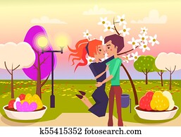 Happy Couple Hugs in Park at Sunset Illustration