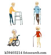 karikatur, behinderten, älter, leute, satz