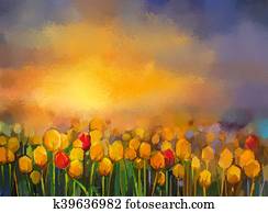 Oil painting yellow and red Tulips flowers field Oil painting yellow and red Tulips flowers field