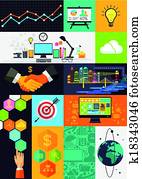 套間, 設計, infographic, 符號, -, 分層堆積, 矢量, 插圖, 由于, 設計, 符號, 以及, icons.