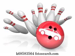 Car Auto Vehicle Bowling Strike Pins Win 3d Illustration Car Auto Vehicle Bowling Strike Pins Win 3d Illustration
