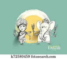 Hindu God Laxmi Ganesh at Diwali Festival, Hand Drawn Sketch Vector illustration. Hindu God Laxmi Ganesh at Diwali Festival, Hand Drawn Sketch Vector illustration.