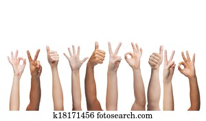 human hands showing thumbs up, ok and peace signs human hands showing thumbs up, ok and peace signs