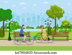 párosít, lovaglás, bicycles, alatt, általános dísztér