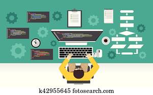 Software development. Programmer working on computer. Programming mechanism concept. Software development. Programmer working on computer. Programming mechanism concept.