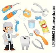 卡通, 牙醫, 工具, 圖象, 集合