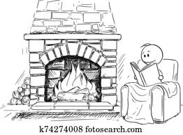 vektor, karikatur, abbildung, von, mann, stationieren, vor, kaminofen, in, bequem, sessel, oder, stuhl, und, lesende, dass, buch vektor, karikatur, abbildung, von, mann, stationieren, vor, kaminofen, in, bequem, sessel, oder, stuhl, und, lesende, dass, buch