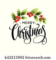 frohe weihnacht, schriftzug, mit, stechpalme, berry., vektor, abbildung frohe weihnacht, schriftzug, mit, stechpalme, berry., vektor, abbildung