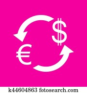 Currency exchange sign. Euro and US Dollar. White icon at magenta background.