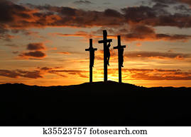 drei, kreuze, hinüber, hell, sonnenuntergang, mit, kopieren platz