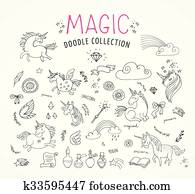 hand, oavgjord, magi, enhörning, och, fe, doodles