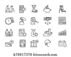 Large set of icons for a pension plan Large set of icons for a pension plan